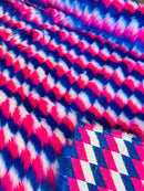 60" Zig Zag Faux Fur - Royal Blue / Yellow / Red - Three Tone Soft Faux Fur Fabric By Yard