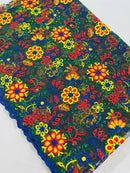 Multi-Color Flower Fabric - Royal Blue / Yellow / Red - Embroidered Floral Design Lace Fabric By Yard