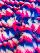 60" Zig Zag Faux Fur - Royal Blue / Yellow / Red - Three Tone Soft Faux Fur Fabric By Yard