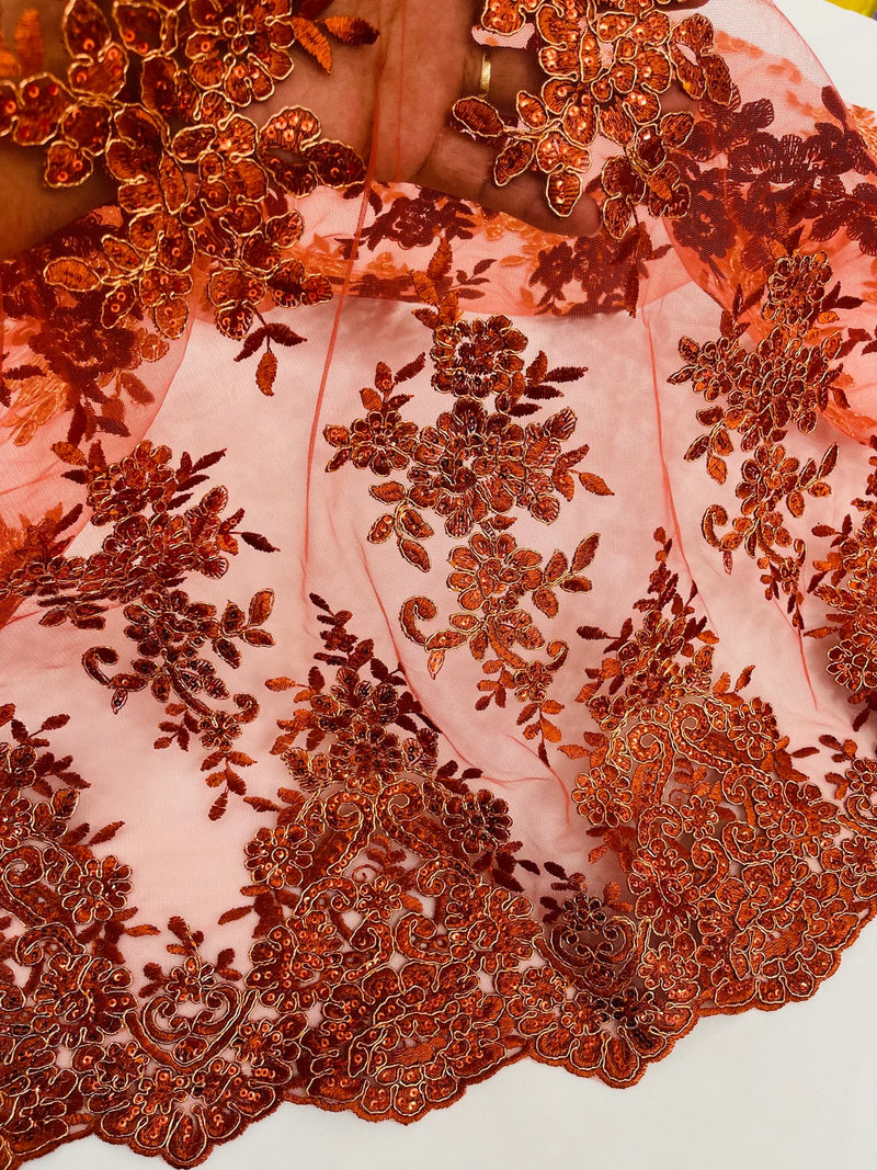 Metallic Floral Lace Fabric - Rust - Beautiful Floral Sequins on Lace Mesh Fabric By Yard