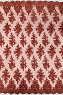 Metallic Floral Lace Fabric - Rust - Beautiful Floral Sequins on Lace Mesh Fabric By Yard