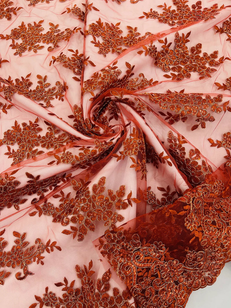 Metallic Floral Lace Fabric - Rust - Beautiful Floral Sequins on Lace Mesh Fabric By Yard