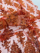 Metallic Floral Lace Fabric - Rust - Beautiful Floral Sequins on Lace Mesh Fabric By Yard