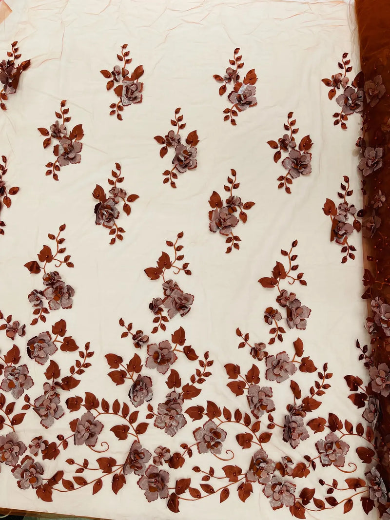 3D Orquidia Floral Lace - Rust Orange - Beautiful Orchid Flower Fabric on Mesh by Yard