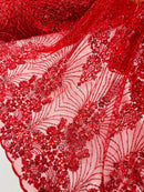 Red Luxury Beaded Fabric By The Yard, Luxury Geometric Design Beads and Sequins Mesh