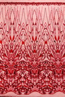 Red Beaded Fabric By The Yard, Luxury Geometric Design Beads and Sequins