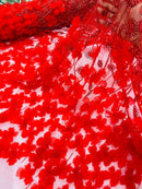 Red Beaded Fabric 3D Floral Butterfly Fabric by the Yard, Luxury Butterfly Mesh Lace