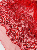 Red Beaded Fabric By The Yard, Luxury Geometric Design Beads and Sequins
