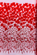 Red Beaded Fabric 3D Floral Butterfly Fabric by the Yard, Luxury Butterfly Mesh Lace