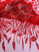 Red Beaded Fabric 3D Floral Butterfly Fabric by the Yard, Luxury Butterfly Mesh Lace