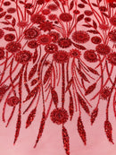 Red Beaded Fabric 3D Floral Butterfly Fabric by the Yard, Luxury Butterfly Mesh Lace