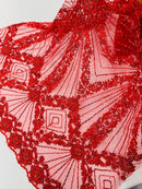 Red Beaded Geometric Pattern Beaded Fabric by the yard, Embroidery Beaded Lace Fabric