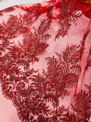 Red Silver Rhinestones Glitter Fabric on a Mesh by the Yard | Quinceanera Design Glitter Rhinestones on Mesh Fabric Prom Dress