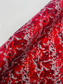 Red Silver Glitter Snake Design Shattered Glass Nylon Spandex Fabric By Yard, Snake Flocking Hologram, Glitter Snake Nylon Spandex