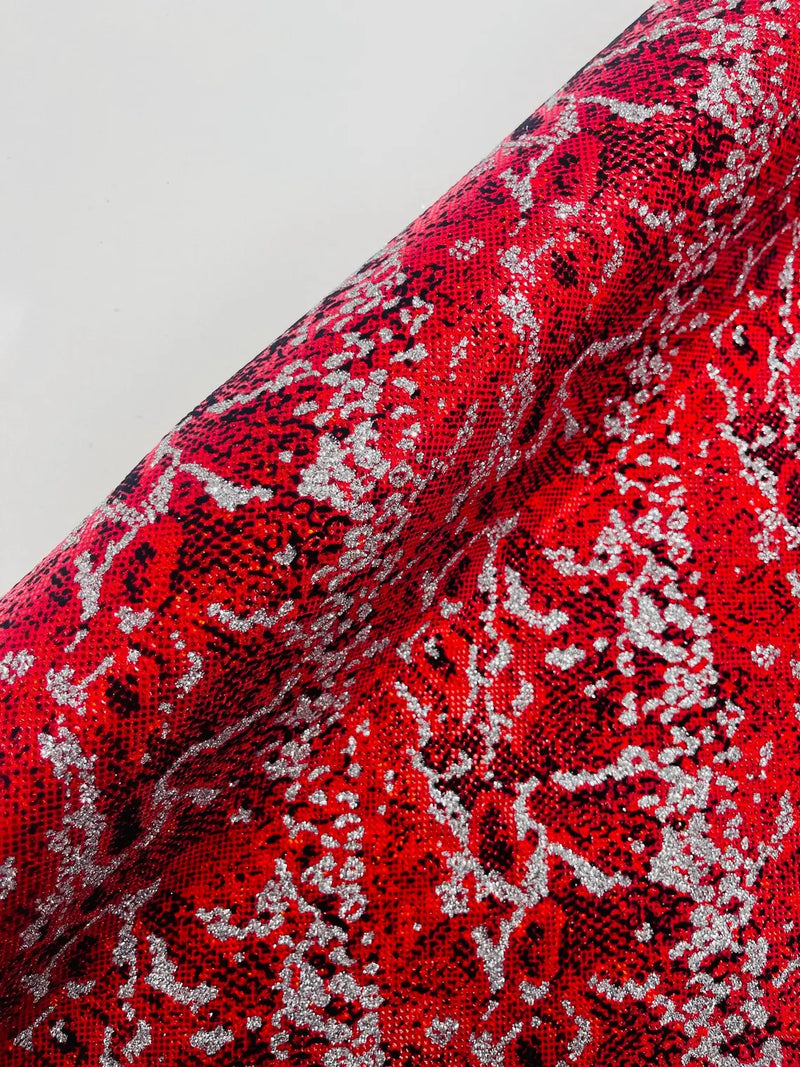 Red Silver Glitter Snake Design Shattered Glass Nylon Spandex Fabric By Yard, Snake Flocking Hologram, Glitter Snake Nylon Spandex