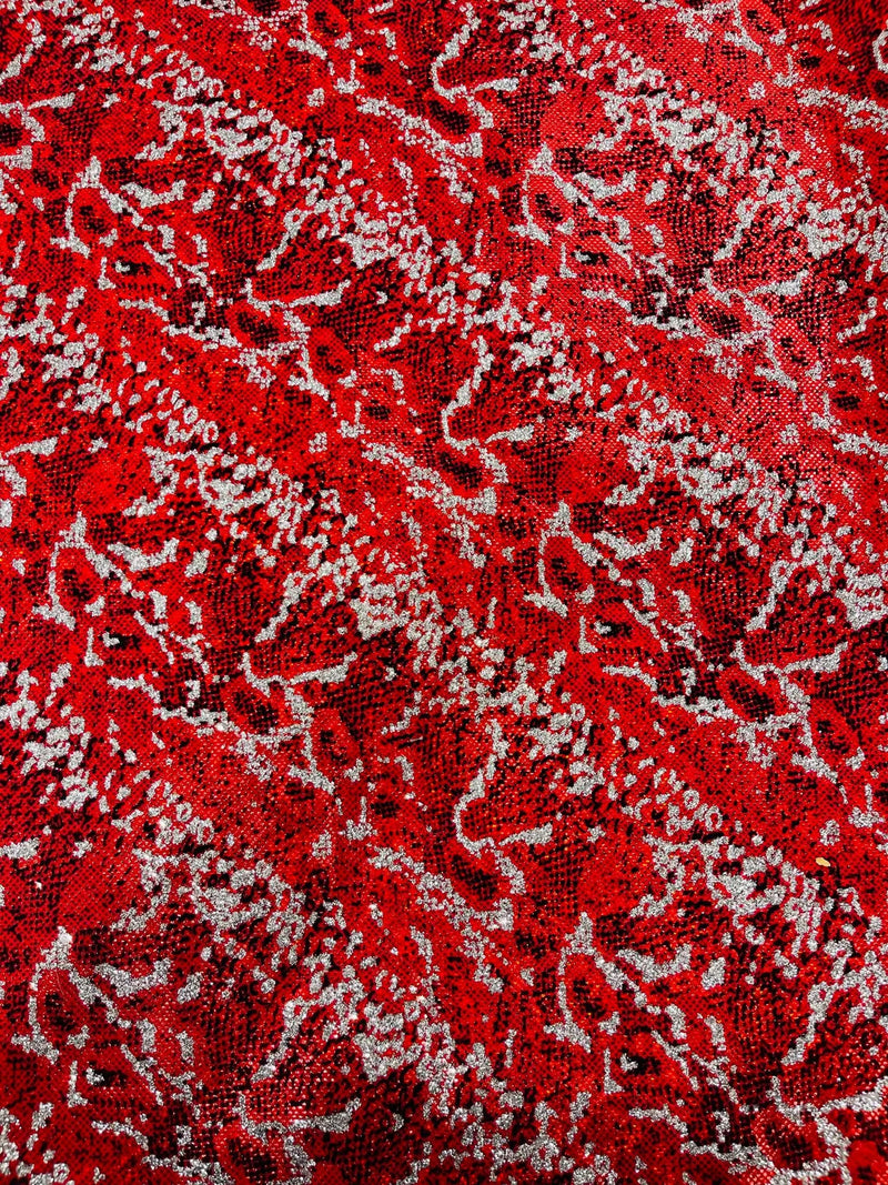 Red Silver Glitter Snake Design Shattered Glass Nylon Spandex Fabric By Yard, Snake Flocking Hologram, Glitter Snake Nylon Spandex