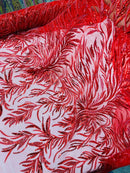 Red Beaded Fabric by the yard, Bridal beaded, Damask Pattern With Beads and Sequin