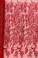 Red Beaded Fabric by the yard, Bridal beaded, Damask Pattern With Beads and Sequin