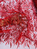 Red Beaded Fabric by the yard, Bridal beaded, Damask Pattern With Beads and Sequin