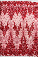 Red Luxury Beaded Fabric By The Yard, Luxury Geometric Design Beads and Sequins Mesh