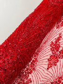 Red Luxury Beaded Fabric By The Yard, Luxury Geometric Design Beads and Sequins Mesh