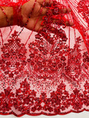 Red Luxury Beaded Fabric By The Yard, Luxury Geometric Design Beads and Sequins Mesh