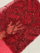 Red Beaded Fabric by yard, Bridal beaded, Damask Pattern Beads and Sequins