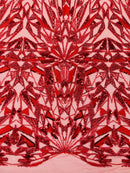 Red Beaded Fabric By The Yard, Luxury Geometric Design Beads and Sequins