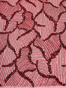 Red Beaded Fabric by yard, Bridal beaded, Damask Pattern Beads and Sequins