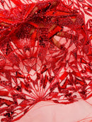 Red Beaded Fabric By The Yard, Luxury Geometric Design Beads and Sequins