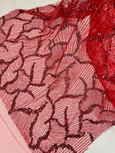 Red Beaded Fabric by yard, Bridal beaded, Damask Pattern Beads and Sequins