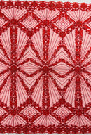 Red Beaded Geometric Pattern Beaded Fabric by the yard, Embroidery Beaded Lace Fabric