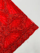 Red Beaded Geometric Pattern Beaded Fabric by the yard, Embroidery Beaded Lace Fabric