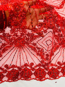 Red Beaded Geometric Pattern Beaded Fabric by the yard, Embroidery Beaded Lace Fabric