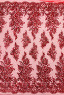 Red Silver Rhinestones Glitter Fabric on a Mesh by the Yard | Quinceanera Design Glitter Rhinestones on Mesh Fabric Prom Dress