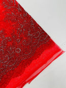 Red Silver Rhinestones Glitter Fabric on a Mesh by the Yard | Quinceanera Design Glitter Rhinestones on Mesh Fabric Prom Dress