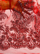 Red Silver Rhinestones Glitter Fabric on a Mesh by the Yard | Quinceanera Design Glitter Rhinestones on Mesh Fabric Prom Dress