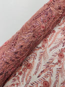 Rose Floral Design Beads & Sequins, Lace Beaded Floral & Leaf Embroidered Lace