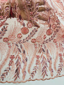 Rose Floral Design Beads & Sequins, Lace Beaded Floral & Leaf Embroidered Lace