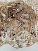 Rose Gold Beaded Fabric By The Yard, Luxury Geometric Design Beads and Sequins