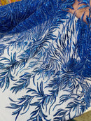 Royal Blue Beaded Fabric by the yard, Bridal beaded, Damask Pattern With Beads and Sequin