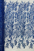 Royal Blue Beaded Fabric by the yard, Bridal beaded, Damask Pattern With Beads and Sequin