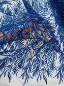 Royal Blue Beaded Fabric by the yard, Bridal beaded, Damask Pattern With Beads and Sequin