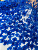 Royal Blue Beaded Fabric 3D Floral Butterfly Fabric by the Yard, Luxury Butterfly