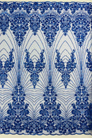 Royal Blue Luxury Beaded Fabric By The Yard, Luxury Geometric Design Beads and Sequins Mesh