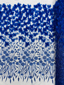 Royal Blue Beaded Fabric 3D Floral Butterfly Fabric by the Yard, Luxury Butterfly