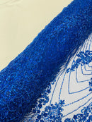 Royal Blue Luxury Beaded Fabric By The Yard, Luxury Geometric Design Beads and Sequins Mesh