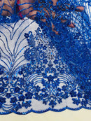Royal Blue Luxury Beaded Fabric By The Yard, Luxury Geometric Design Beads and Sequins Mesh