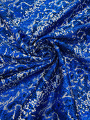 Royal Blue Silver Glitter Snake Design Shattered Glass Nylon Spandex Fabric By Yard, Snake Flocking Hologram, Glitter Snake Nylon Spandex