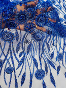 Royal Blue Beaded Fabric 3D Floral Butterfly Fabric by the Yard, Luxury Butterfly
